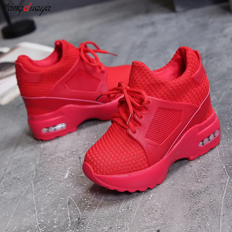 red platform sneakers shoes Women Fashion Breath Mesh Casual Platform Sneakers Surface Shoes Thick Bottom Footwear Round Head