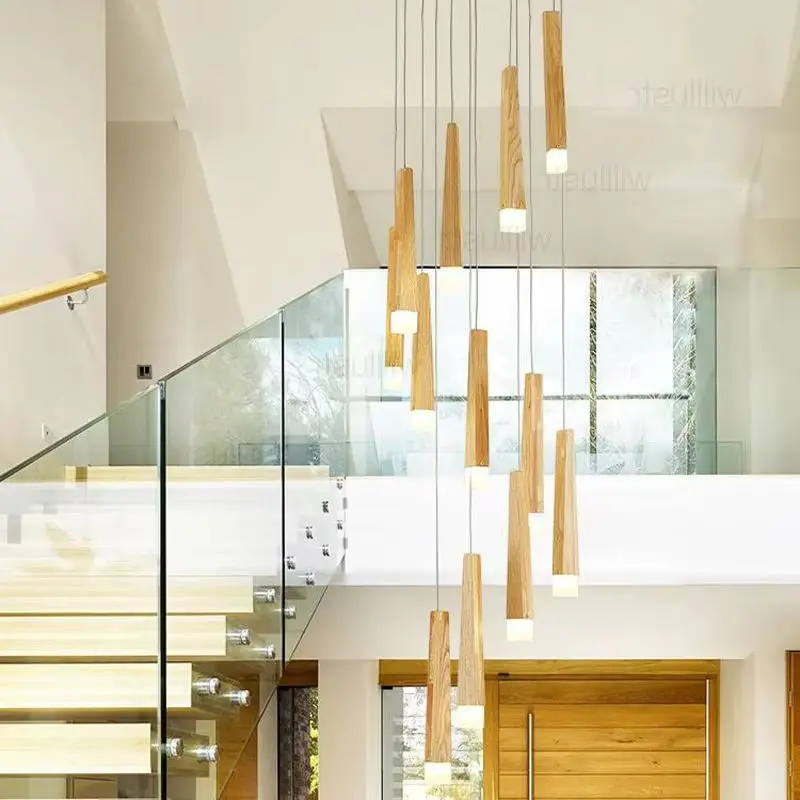 

Nordic Wood Pendant Lamp Modern Wooden Suspension Light Chandelier Hotel Mall Shop Staircase Matchstick Ceiling Hanging Lighting