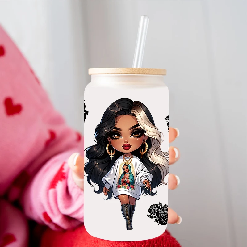 Cartoon Girl 3D UV DTF Transfer Stickers Libbey Cup Wrap Iron For Glass 16oz D14879