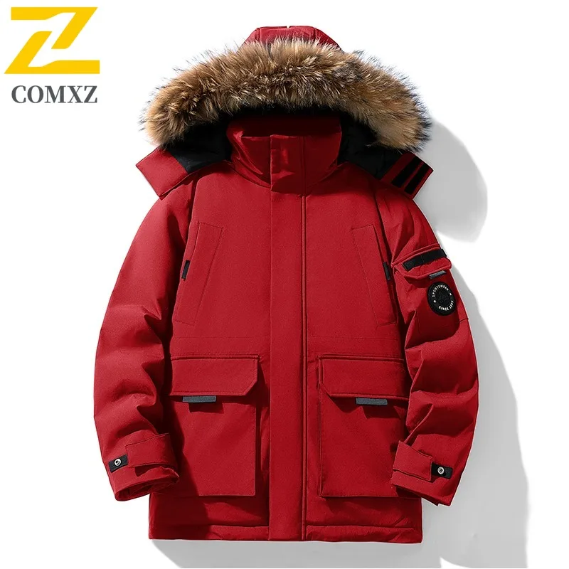 COMXZ Winter Down Jacket Men Women High-quality Camo Fluffy Fur Collar White Duck Down Parka Coat Casual Thermal Puffer Jacket