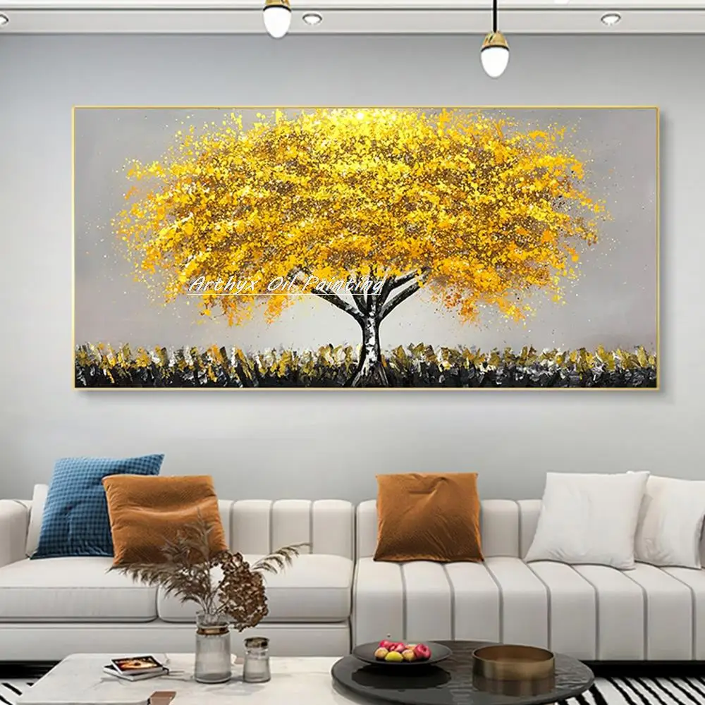 Arthyx Hand Painted Money Tree Oil Painting On Canvas Modern Abstract Landscape Wall Art Picture For Living Room Home Decoration