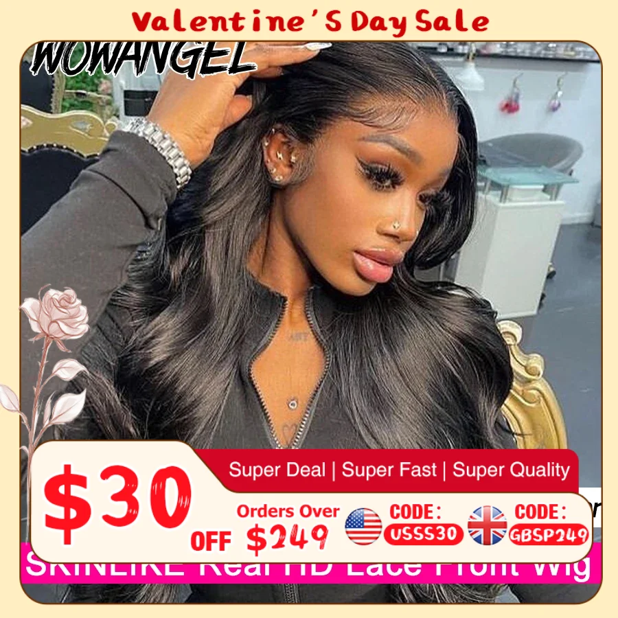 와우 엔젤 250% 밀도 13x6 HD 레이스 프론트 가발 바디 웨이브 멜트 스킨 13x4 HD 레이스 풀 정면 가발 인간의 머리 가발 미리 뽑은