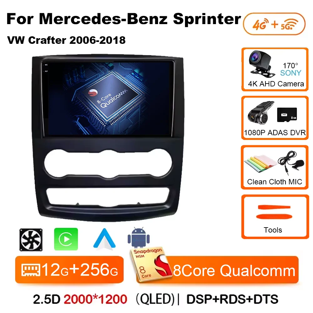 Voor Mercedes-Benz Sprinter W906 VW Crafter 2006-2018 Android 15 Autoradio 2 K QLED Scherm navigatie Draadloze Carplay Auto