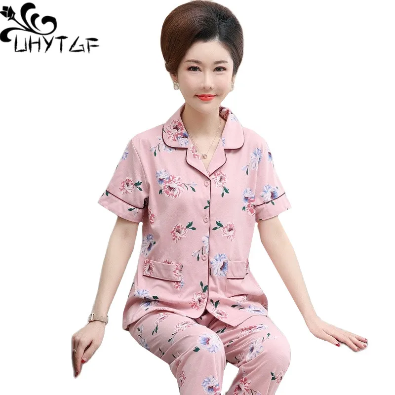 

Пижамный комплект UHYTGF 4XL женский из двух предметов, хлопковая Домашняя одежда с принтом, тонкая одежда для сна в повседневном стиле, модель 2415