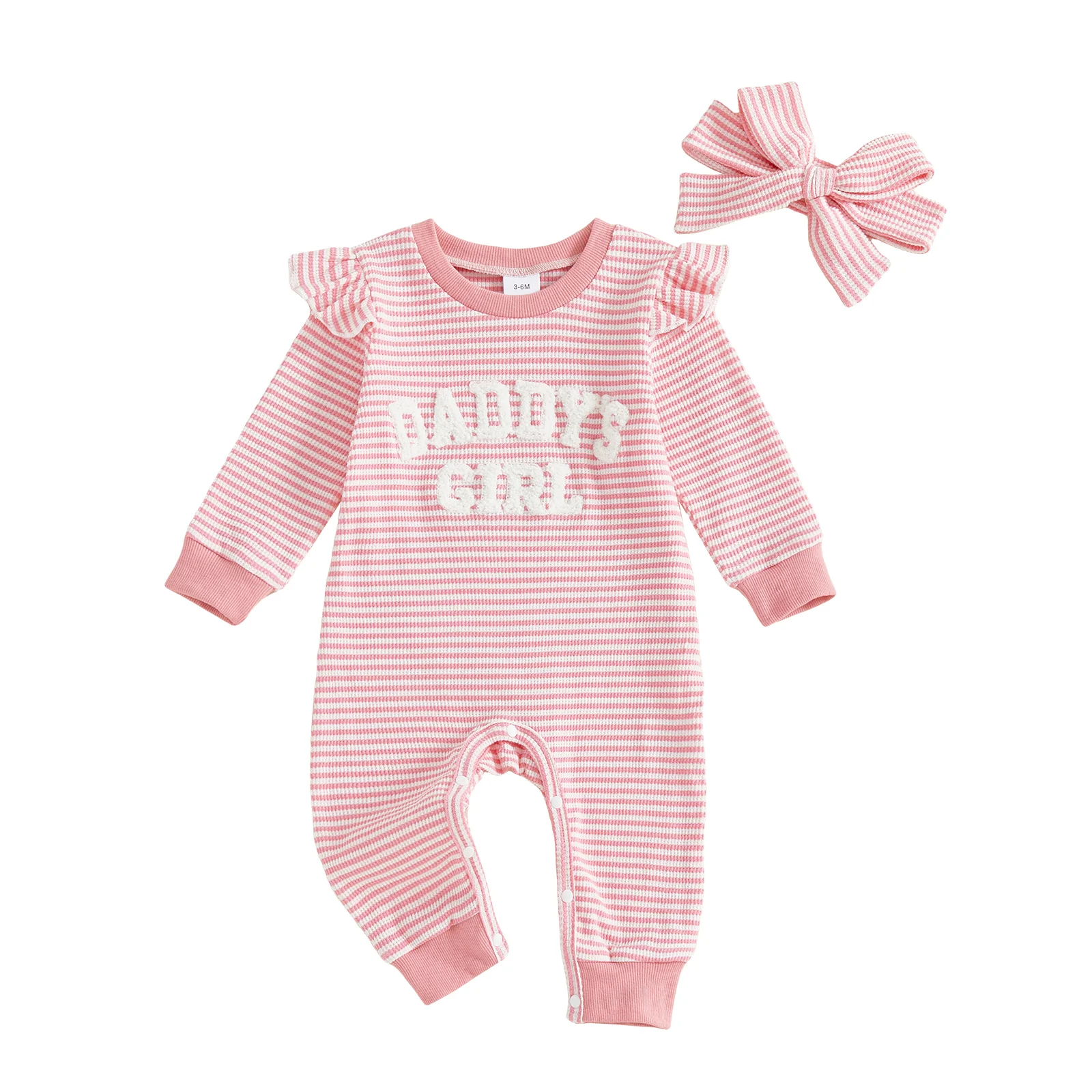

Baby Girls Striped Romper Letter Embroidery Ruffled Long Sleeves Jumpsuits and Cute Headband Set