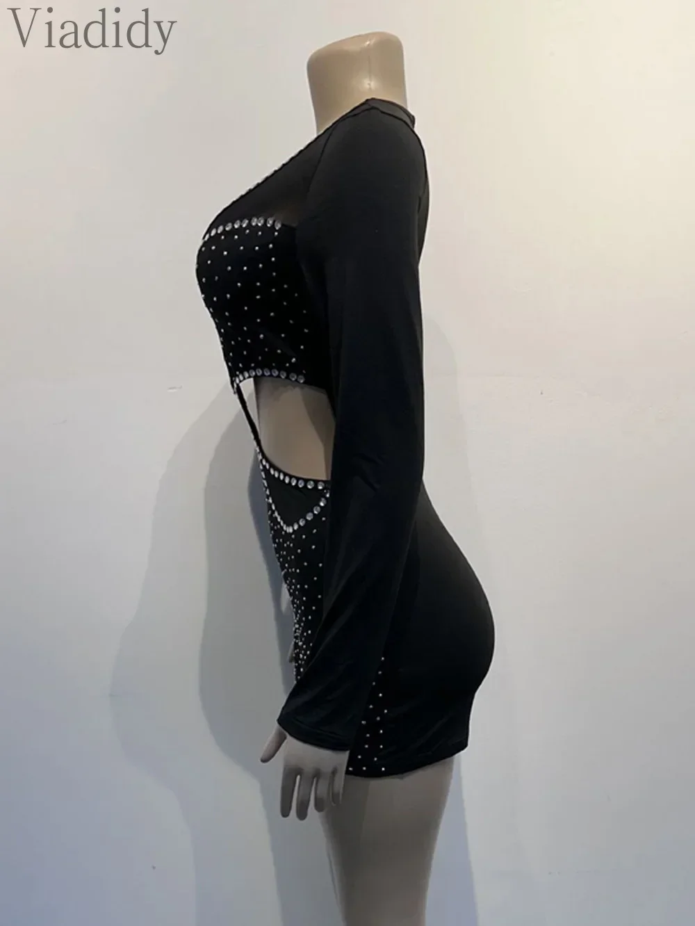 Sexy Solid Color Sheer Mesh Rhinestone Decor Deep V Neck Hollow Out Long Sleeve Skinny Playsuits