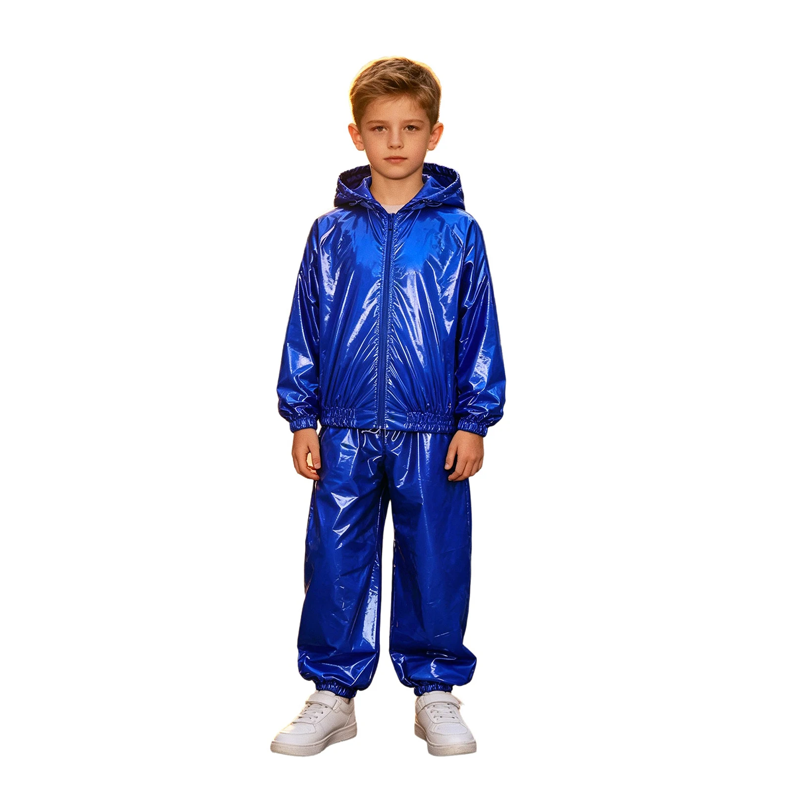 Boys Shiny Metallic Hooded Tracksuit 2‑Pcs Set Zip‑up Hood Jacket Tops with Jogger Pants Kids Hip Hop Street Disco Dance Costume