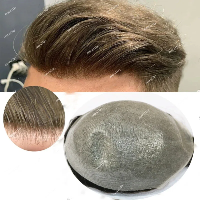 Toupee natural para homens, pele super fina, base invisível, cabelo humano cinza, sistema de prótese capilar, densidade de 80%, 0,02mm