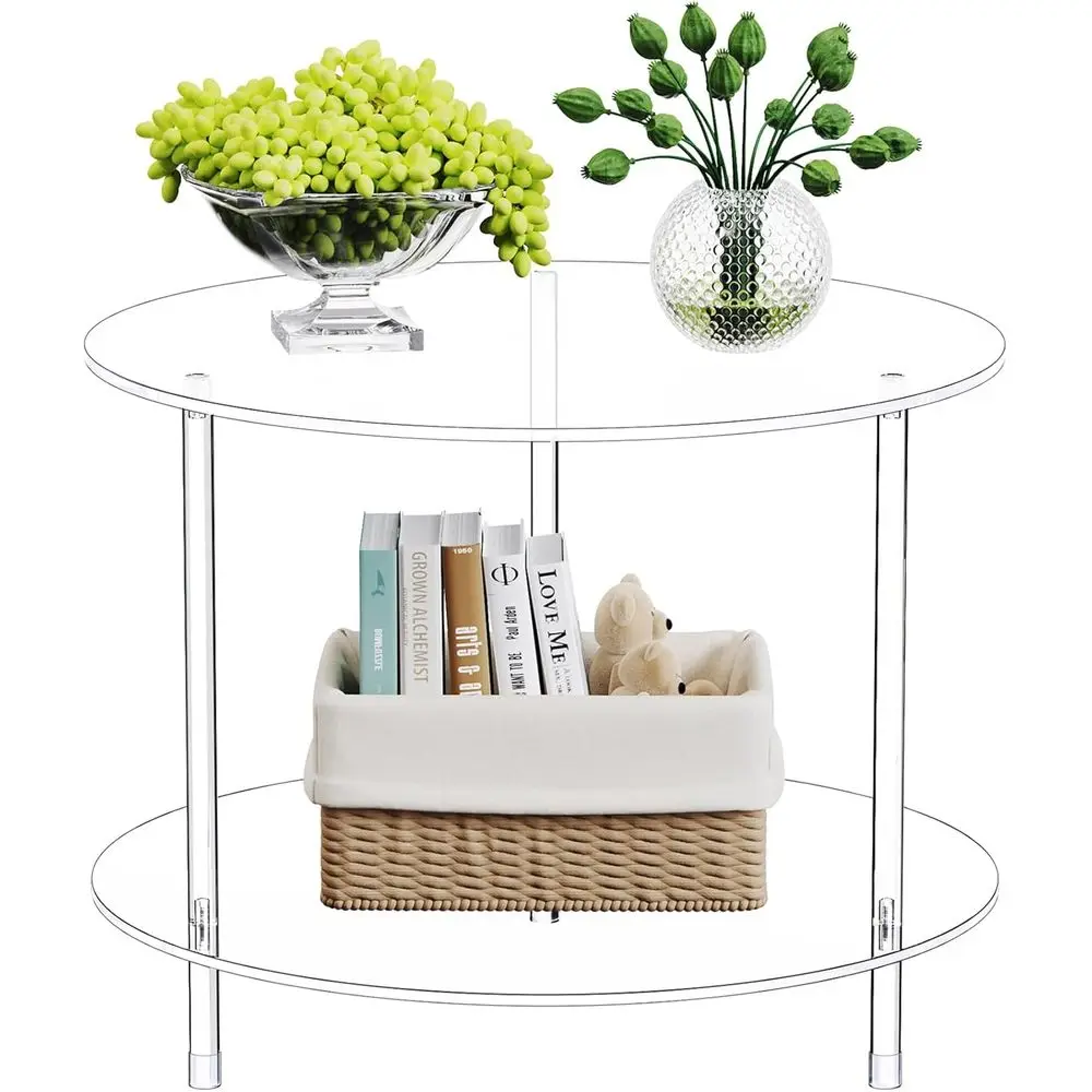 

Clear Round Acrylic Coee Table with Storage, 23.6" L x 23.6" W x 18.4" H, 2 Tier ern Lucite Center Side End Tables or Living Roo