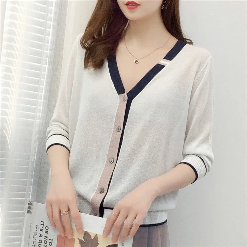 Spring Fall Casual V-Neck Long Sleeve Knitted Cardigan Women Korean Fashion Sweet Chic Loose Thin All-Match Basic Sweater Jacket