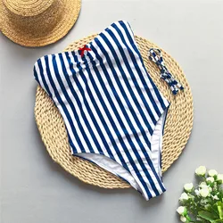 Blue Striped Print Sexy Swimsuit Women One Piece Strapless Swimwear 2025 Woman Cute Bow Bathing Suit High Leg Cut Swimming Wear