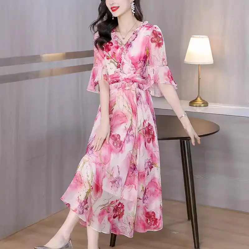 

Fashion Elegant Women's Dress 2024 Summer High End Celebrity Printed Ruffle High Waist Chiffon Dress Short Sleeve Vestidos k804