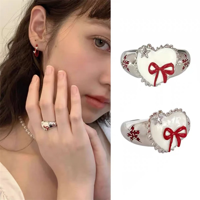 Koreanische Mode Niedliche Rote Schleife Herz Ringe für Frauen Mädchen Ästhetischen Schmuck Hip Hop Cool Star Ring y2k Zubehör