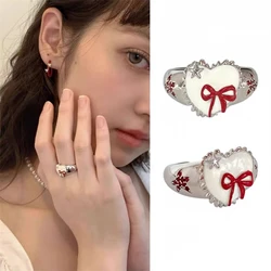 Korean Fashion Cute Red Bowknot Heart Rings for Women Girls Aesthetic Jewelry Hip Hop Cool Star Ring y2k Accessories