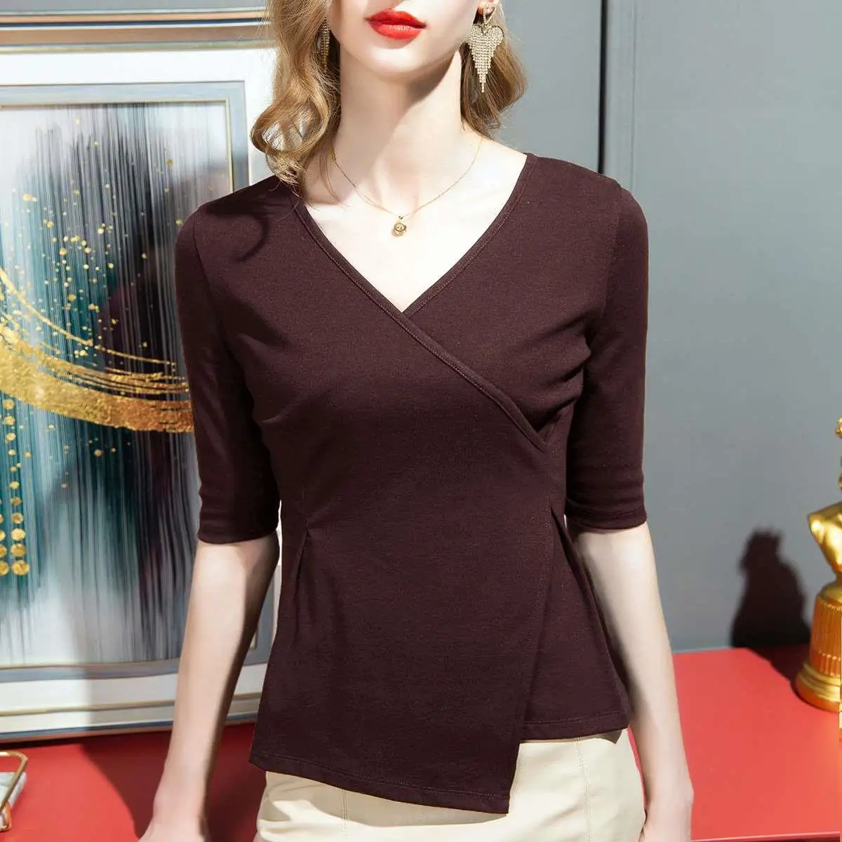 الصيف المرأة الصليب Vne Tirt الشكل فلاترين القطن مزيج عارضة أعلى للسيدات العصرية اللون خمسة Sve طول #3