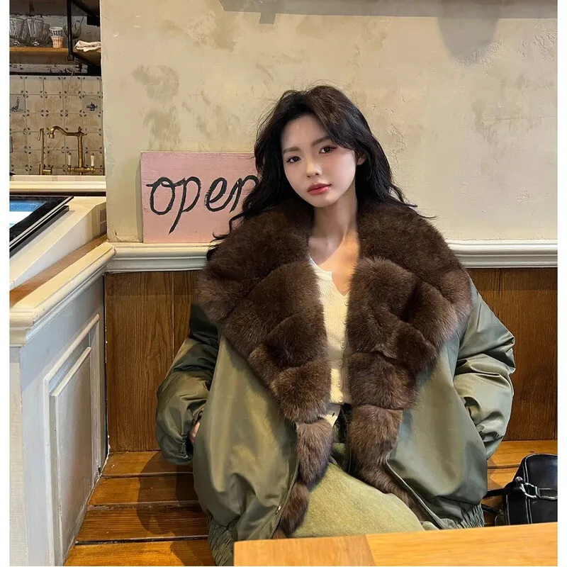 

Haining Fox Fur Short Parka Coat Women's Winter Thickened Down Jacket Young Style Loose Fit Fashionable Cold Weather Outerwear