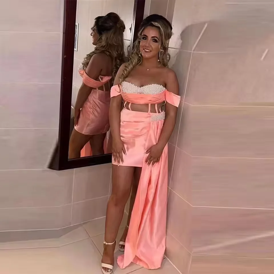 Customized Satin High Low Short Prom Dress Mini Short Cocktail Gown Off Shoulder Wedding Party Gown Beading Wedding Dress