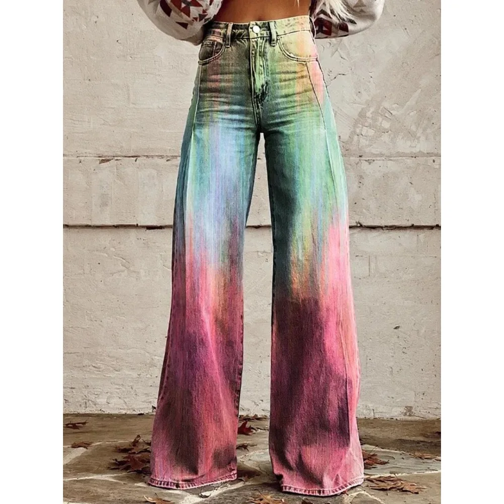 Damen Y2K Tie-Dye Graffiti-Print Hose mit hoher Taille und weitem Bein, Farbverlauf, Streetwear, lässige, lockere Hose mit Taschen, XXS-3X – Detail 11