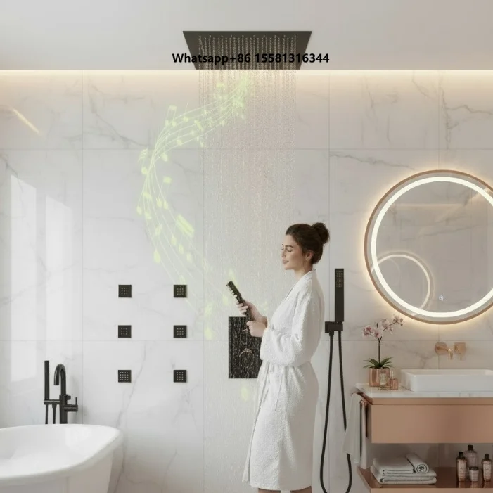 12 Inch Brass LED Music Rain Shower Head Set-Wall-Mounted Thermostatic Mixer with Button Control & Side Jet for Hotel Use