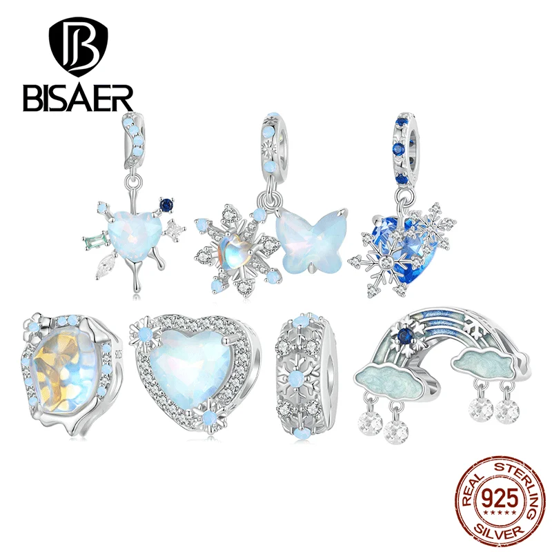 

BISAER 925 Sterling Silver Snow Butterfly Charm Bead Opal Heart Ice Pendant Plated Platinum Fit Women DIY Bracelet Fine Jewelry