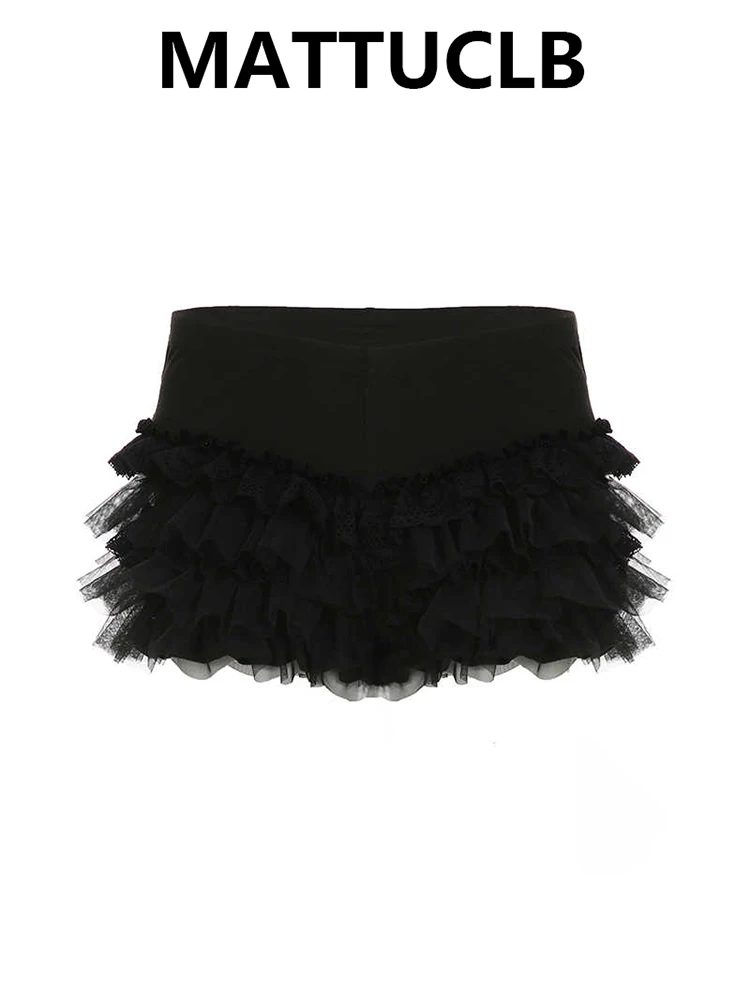 Women Low Rise Mesh Patchwork Shorts Y2K 2000s Harajuku High Street Culottes Coquette Gyaru Design Party Shoujo Ballet Core Sexy