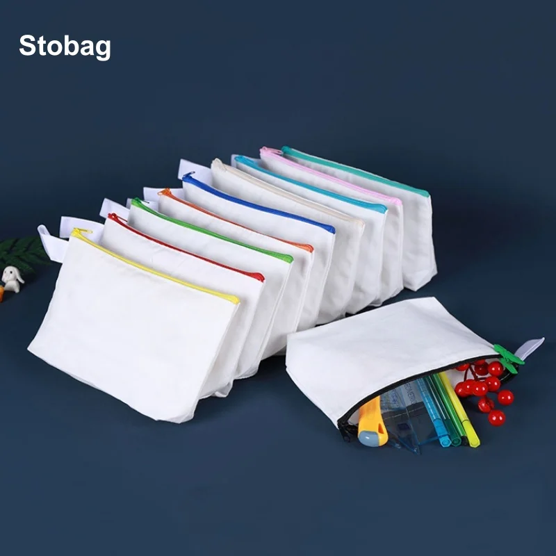 

StoBag 10pcs Canvas Cotton Bag with Zipper Pencil Case Student Stationery Cosmetic Packaging Storage Makeup Handbag Pocket Pouch