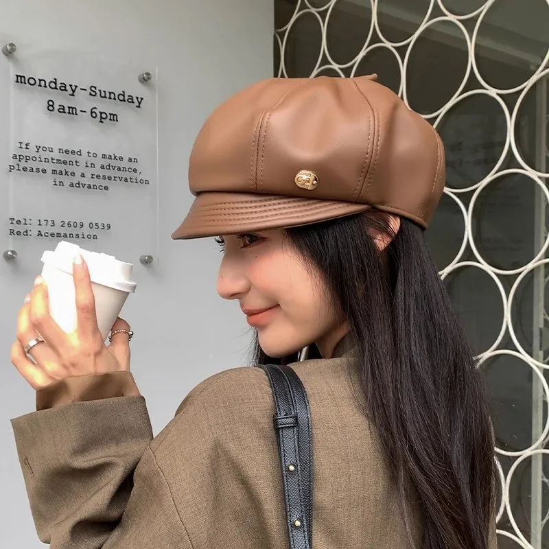 100% Sheepskin Hats Women Fall Winter Suede Beret Cap Korean Female Real Leather Octagonal Hat Newsboy Cap Painter Caps