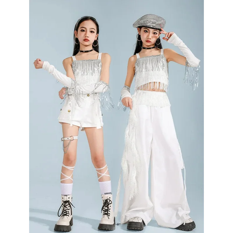 Ropa de Hip Hop para niña, camisetas cortas con lentejuelas, pantalones blancos para niña, pantalones cortos K-pop, ropa de calle para niño, conjunto de ropa de baile de Jazz