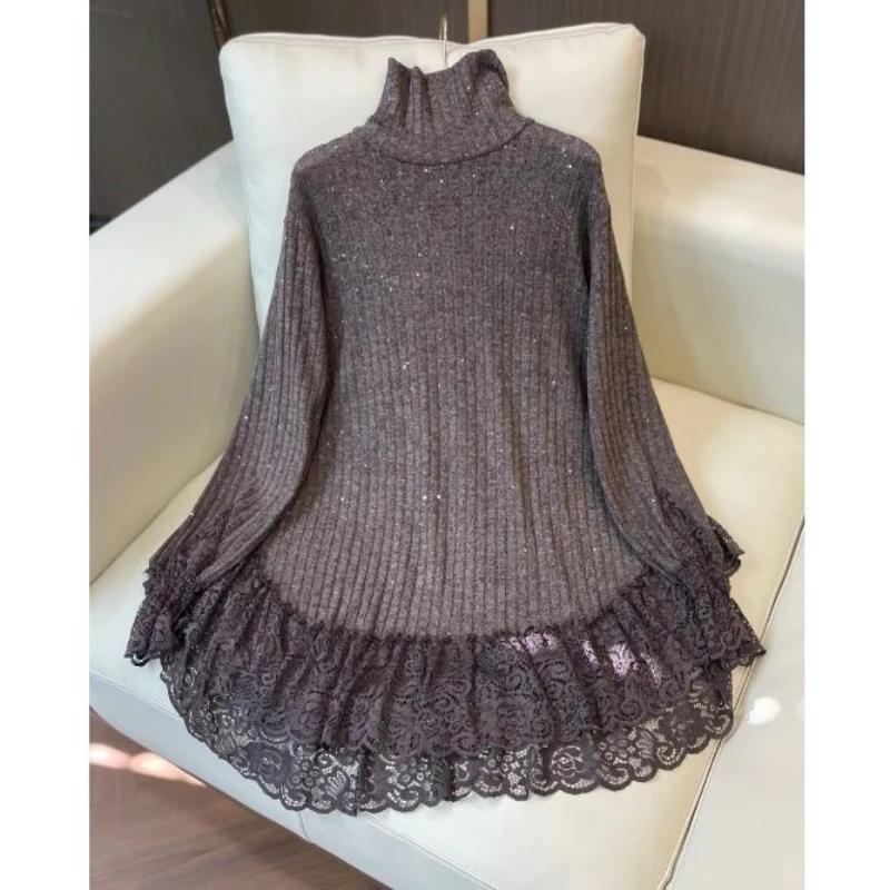 Jesienno-zimowe swetry damskie o średniej długości z golfem, nowa moda 2025, luźne, codzienne, koronkowe pulowery, bluzki, odzież wierzchnia damska.