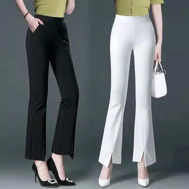 Lady Suit Flare Pants Spring Summer Thin High Waist Pocket Elastic Wide Leg Split Women Casual Long Trousers E4714