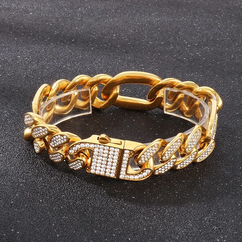 New Full Rhinestones Gold Color Heavy Bracelet for Men Women High Quality Cuban Miami Charm Chunky Party Jewelery Wholesale Gift