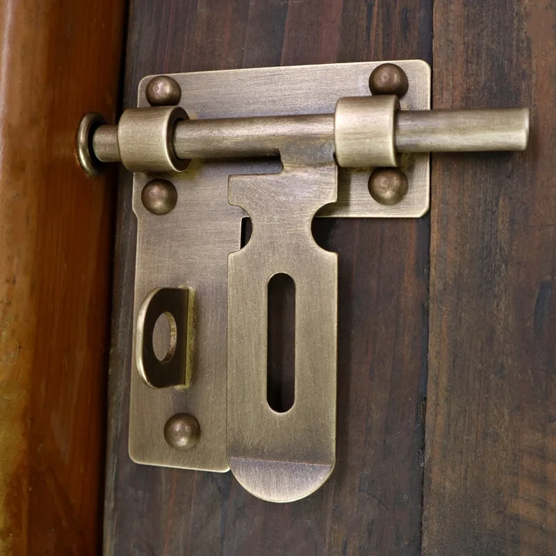 Antique Solid Brass Door Bolt Set Single Door Sliding Latch with Strike Plate & Keyhole Wooden Door Hardware for Furniture