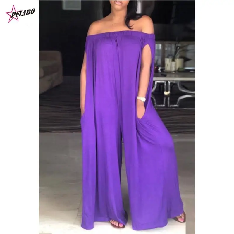 

PULABO Summer Black/Blue/White/Gray Casual Ladies Loosed Jumpsuits 3XL XXXL Sexy Off Shoulder Slash Neck Jumpsuits