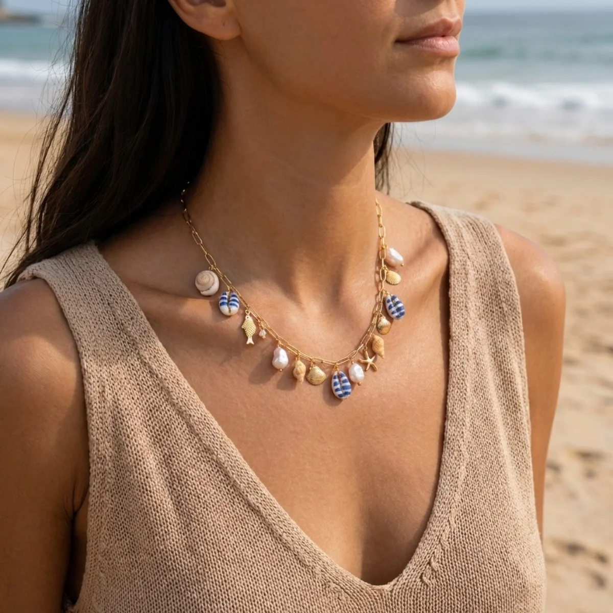 Sommerurlaub Muschel Seestern Conch Fisch Schildkröte Korallen Anhänger Halskette für Damen Herren Imitationsperlen Choker Ozean Strand Schmuck – Detail 7