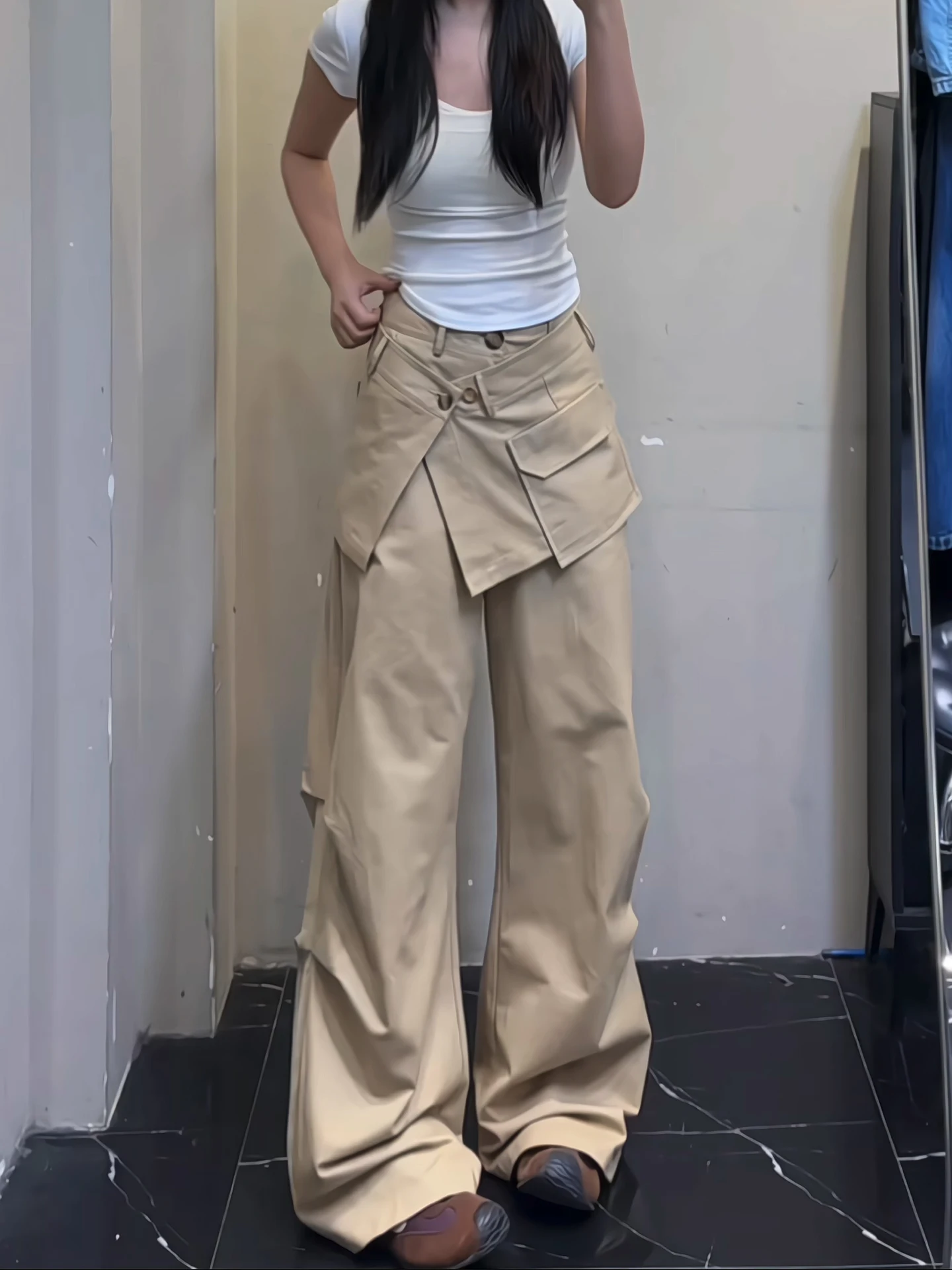 

Брюки-кюлоты цвета хаки с эффектом двухслойности, летние, тонкие, свободные, быстросохнущие, спортивные, повседневные, для женщин, с высокой талией, в корейском стиле