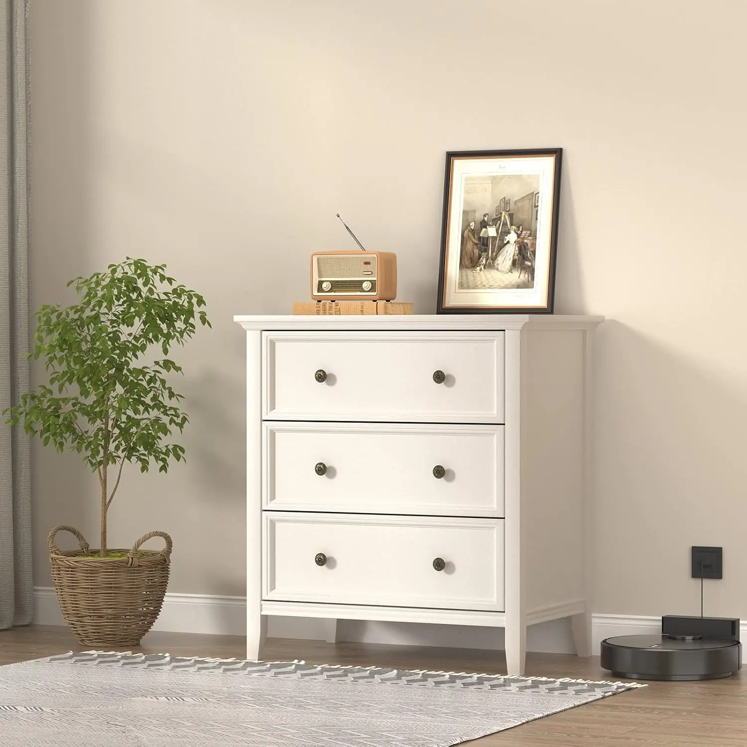 White Nightstand with 3 Drawers and Charging Station, Solid Wood Nightstand Organizer for Bedroom