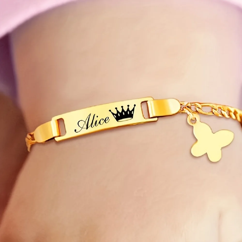 Custom Name Bracelet for Children Stainless Steel Engraved Name Butterfly Heart Crown Star Pendant Bracelets Kids Jewelry Gifts