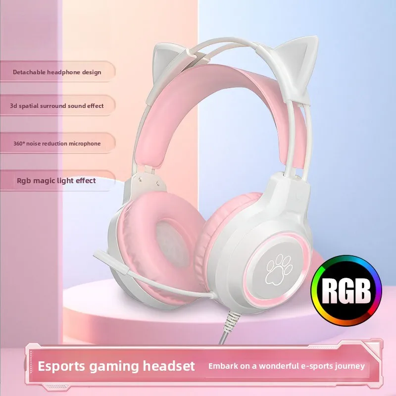 Fones de Ouvido RGB para Jogos com Microfone Flexível de Alta Definição, Fones de Ouvido para Jogos de 3.5mm com Orelhas de Gato e Chifres de Veado Destacáveis