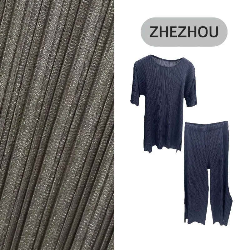 

Miyake Pleated Pants Set Women Plisse 2026 Summer Loose Elegant Slim Fold Short Sleeve Top Irregular Wide Leg Pants 2-Piece Set
