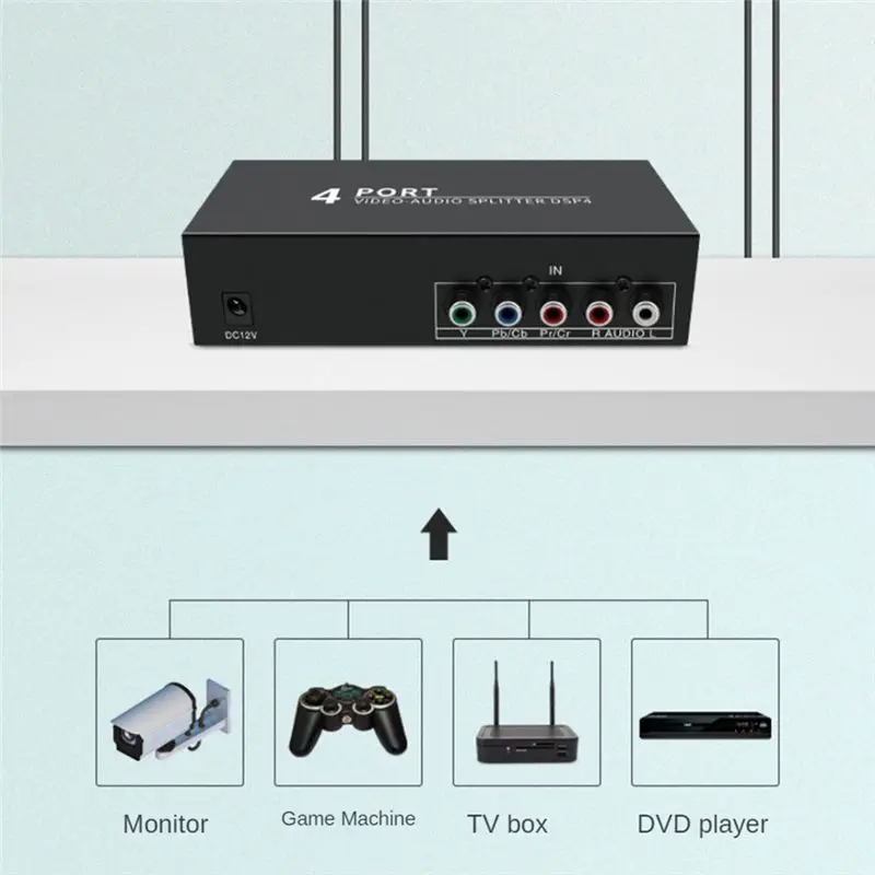 B76B AV Component Video Audio Splitter 1 in 4 Out 4-Way RCA YPbPr AV Switch Box for DVD Home Theater EU Plug Metal Black