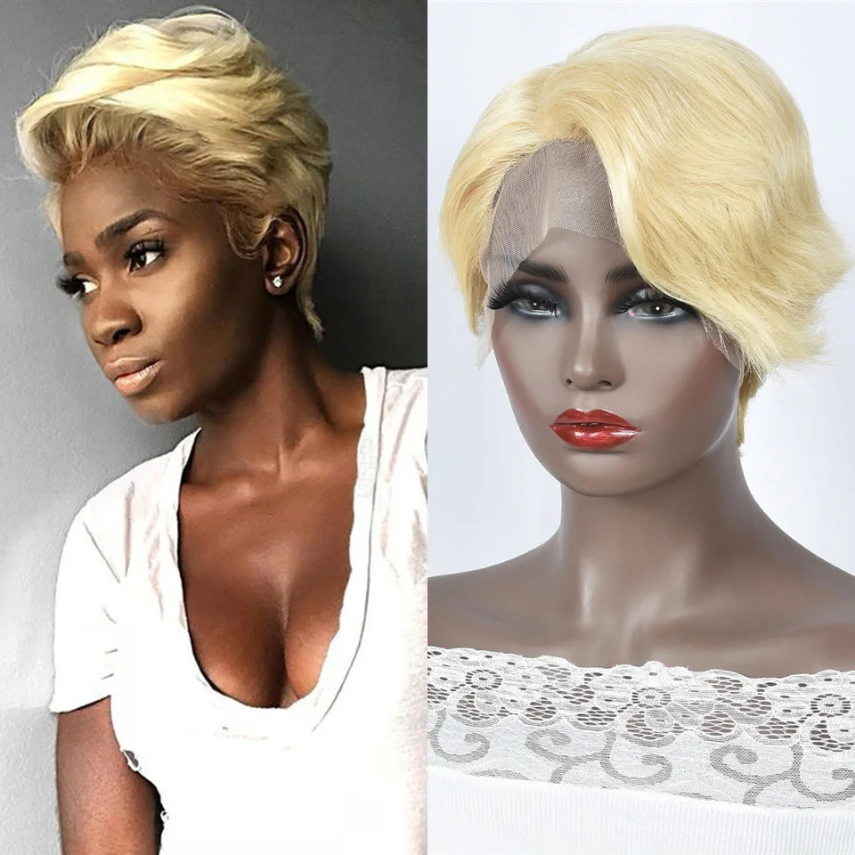 613# Blonde Short Pixie Cut Wigs Lace Pixie Cut Human Hair Wigs Peruvian Remy Blonde Straight Human Hair Wigs For Woman HairUGo