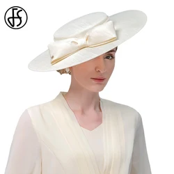 FS eleganti cappelli avorio a tesa larga per le donne grande fiocco occasione formale Kentucky Cap Lady Wedding Cocktail Party Flat Top Fedoras 2024