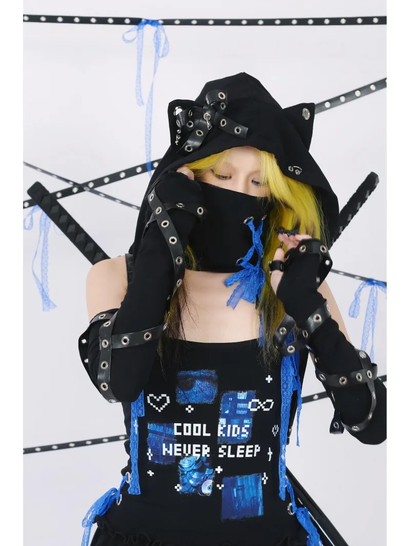 Novo estilo japonês escuro braço mais quente couro elástico tridimensional surround punk oversleeve extra longo estilo luvas mangas