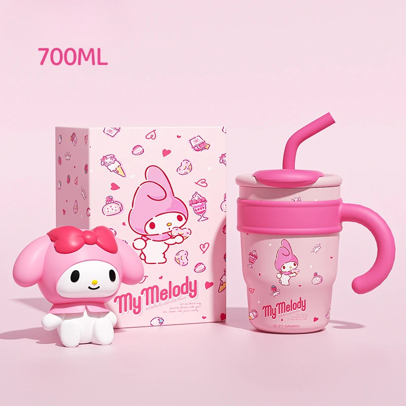 Sanrio Insulated Water Bottle Hello Kitty Cute Figure Large Capacity Straw Thermos 700ml  Cup My Melody Cartoon Cup Kids Gifts