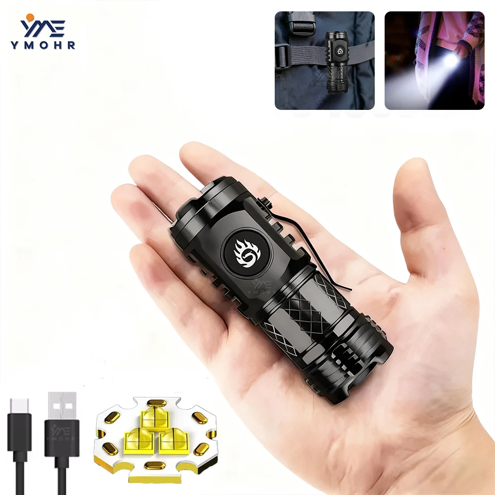 Mini Tactical Flashlight Keychain High Power Rechargeable LED Flashlight Portable Pen Clip Waterproof Torch Camping Work Light