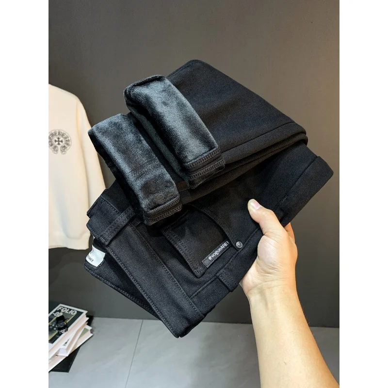 Black Jeans Men's Fleece-Lined Thickened Winter Warm Stretch Simple Slim Fit Comfortable All-Match Office High-End Pants