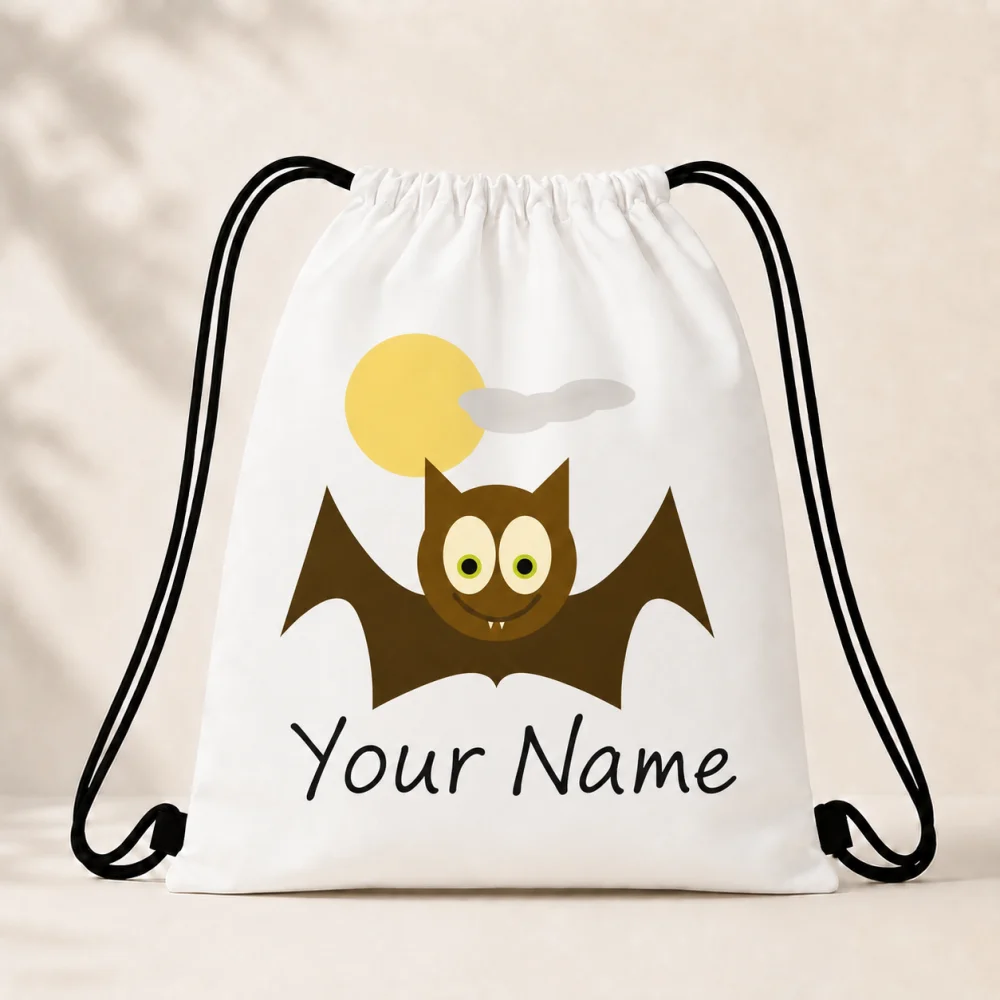 Personalized Cartoon Bat Moon Drawstring Backpack Custom Name Kids Halloween Candy Bag Halloween Party Storage Drawstring Bag