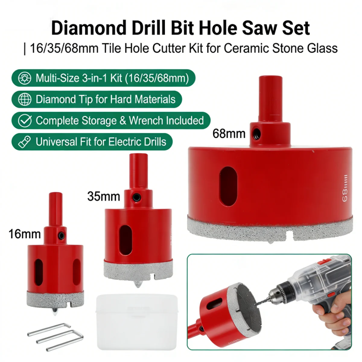 

3Pcs 16/35/68mm Diamond Coated Drill Bits Ceramic Glass Hole Saw with position drill for Glass Marble Granite Stone Porcelain