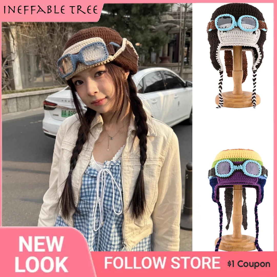 

Korean Hand-crocheted Knit Pilot Pullover Caps for Men Women Autumn Winter Funny Glasses Ear Protectors Cartoon Bomber Hat Gorro