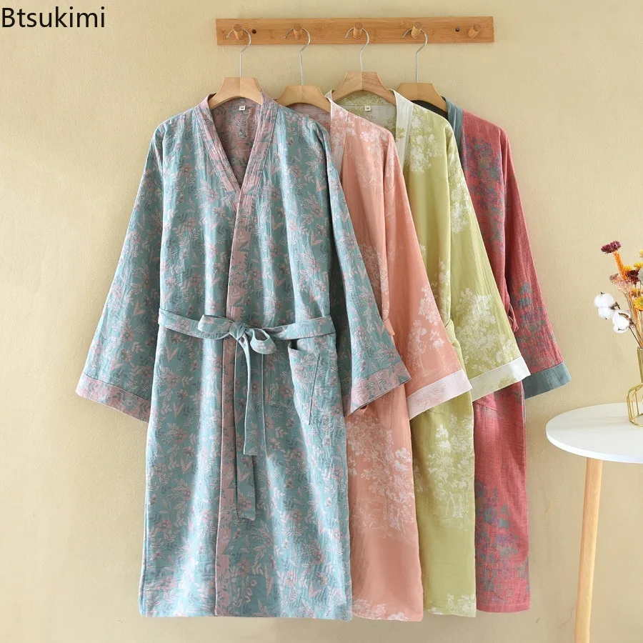 

Japanese-style Cotton Yarn Dyed Nightgown Robes for Women Spring Autumn Thin Vintage Jacquard Sleepwear Yukata Kimono Bath Robe